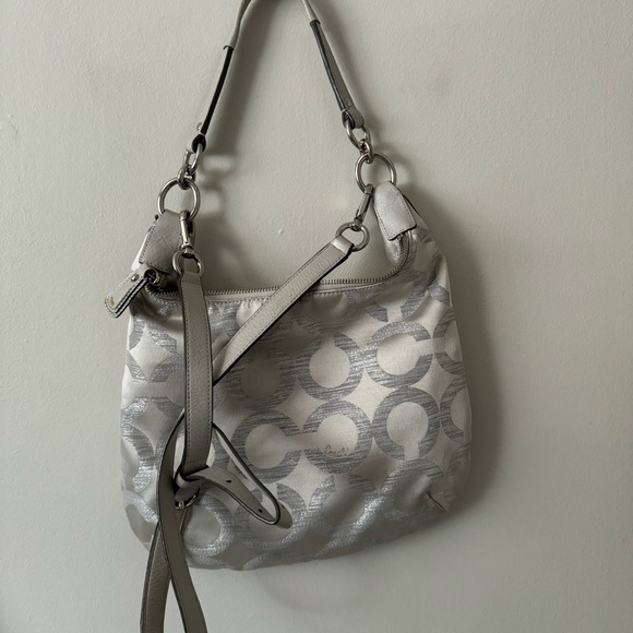 Coach Kristin  Sequin Op Art Hobo Shoulder Canvas Bag Silver Grey - Picture 6 of 9